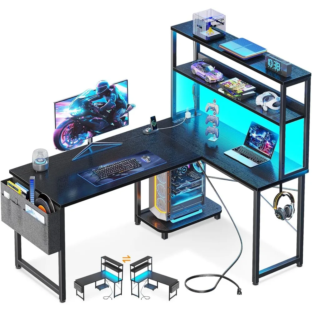 Gaming Desk with Power Outlets & LED Lights, 43 Inch Reversible L Shaped Computer Desk with Shelves & Storage Bag
Gaming Desk with Power Outlets & LED Lights, 43 Inch Reversible L Shaped Computer Desk with Shelves & Storage Bag