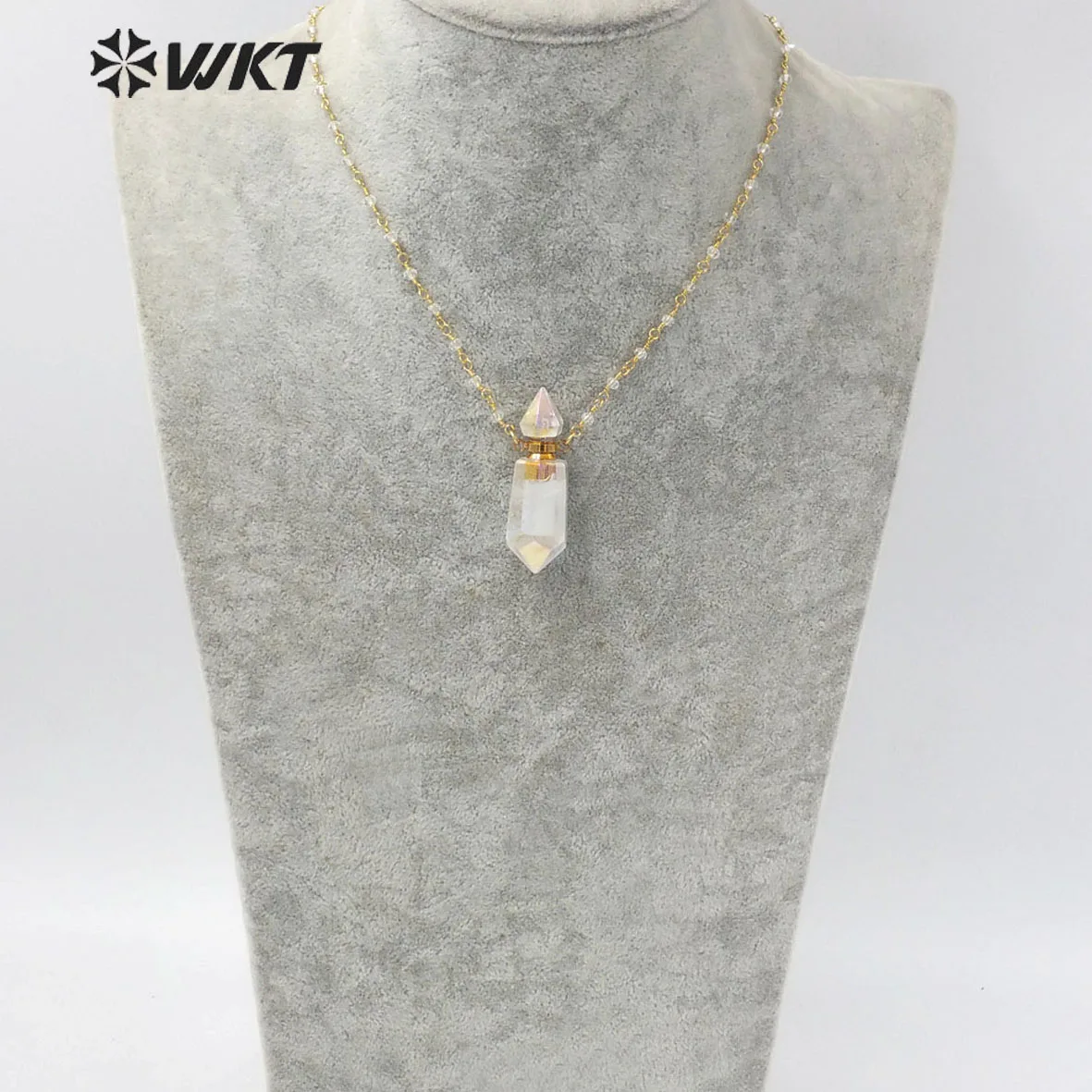 WT-N1233 Wholesale White Stone Perfume Bottle Necklace With Aura Cystal Quartz Pendant Gold Electroplated Resist Tarnishable
WT-N1233 Wholesale White Stone Perfume Bottle Necklace With Aura Cystal Quartz Pendant Gold Electroplated Resist Tarnishable