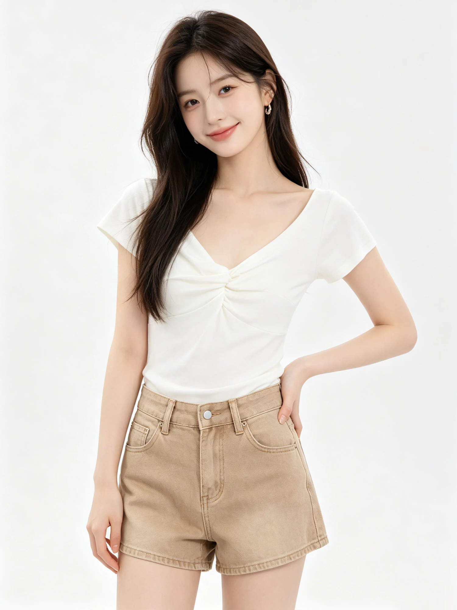Unique V-Neck Knot Waist Short Sleeve T-Shirt Women's Pure White Design Sensation Korean Style Commute Fashion Top
Unique V-Neck Knot Waist Short Sleeve T-Shirt Women's Pure White Design Sensation Korean Style Commute Fashion Top