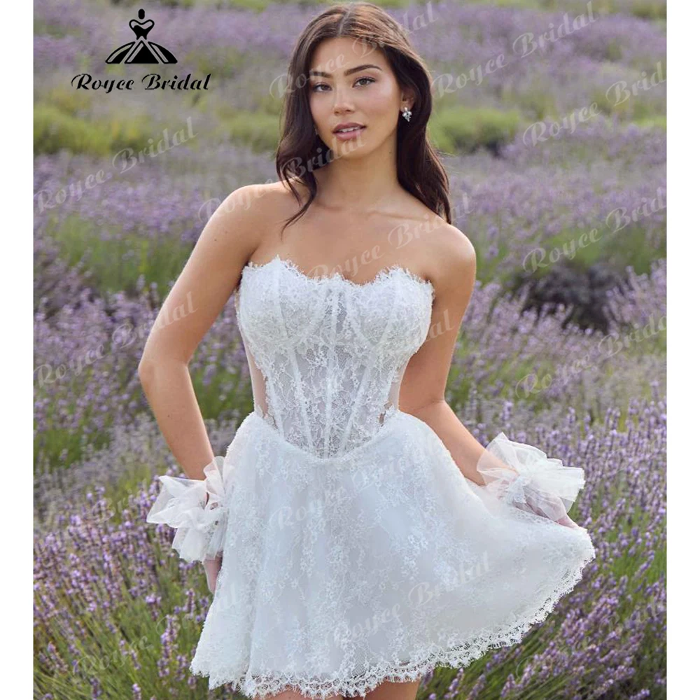 Strapless Lace Corset Short Wedding Dress with Sheer Sides Removable Gloves – Mini Bridal Gown for Elopement Customized
Strapless Lace Corset Short Wedding Dress with Sheer Sides Removable Gloves – Mini Bridal Gown for Elopement Customized