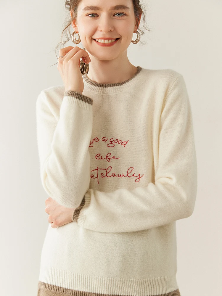 High Quality Embroidery O-Neck Women's Pullover 100% Cashmere Grace Knitwear Spring Autumn Color Contrast Sweater Chic Sweet Top
High Quality Embroidery O-Neck Women's Pullover 100% Cashmere Grace Knitwear Spring Autumn Color Contrast Sweater Chic Sweet Top
