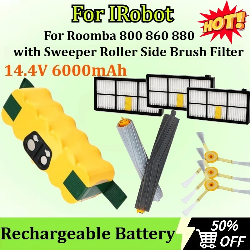 14.4V 6000mAh Rechargeable Battery For IRobot Roomba 800 860 880 with Sweeper Roller Side Brush Filter Accessories Replacement
14.4V 6000mAh Rechargeable Battery For IRobot Roomba 800 860 880 with Sweeper Roller Side Brush Filter Accessories Replacement