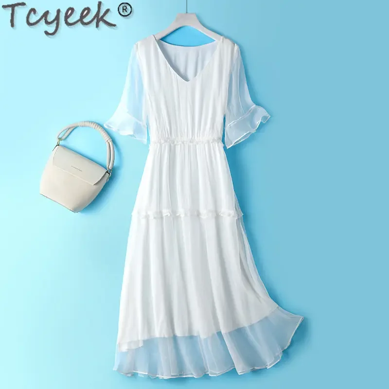 Tcyeek100% Mulberry Silk Dresses for Women Summer White Dress Women Clothing Elegant Real Silk Dresses Vneck Vestidos Para Mujer
Tcyeek100% Mulberry Silk Dresses for Women Summer White Dress Women Clothing Elegant Real Silk Dresses Vneck Vestidos Para Mujer