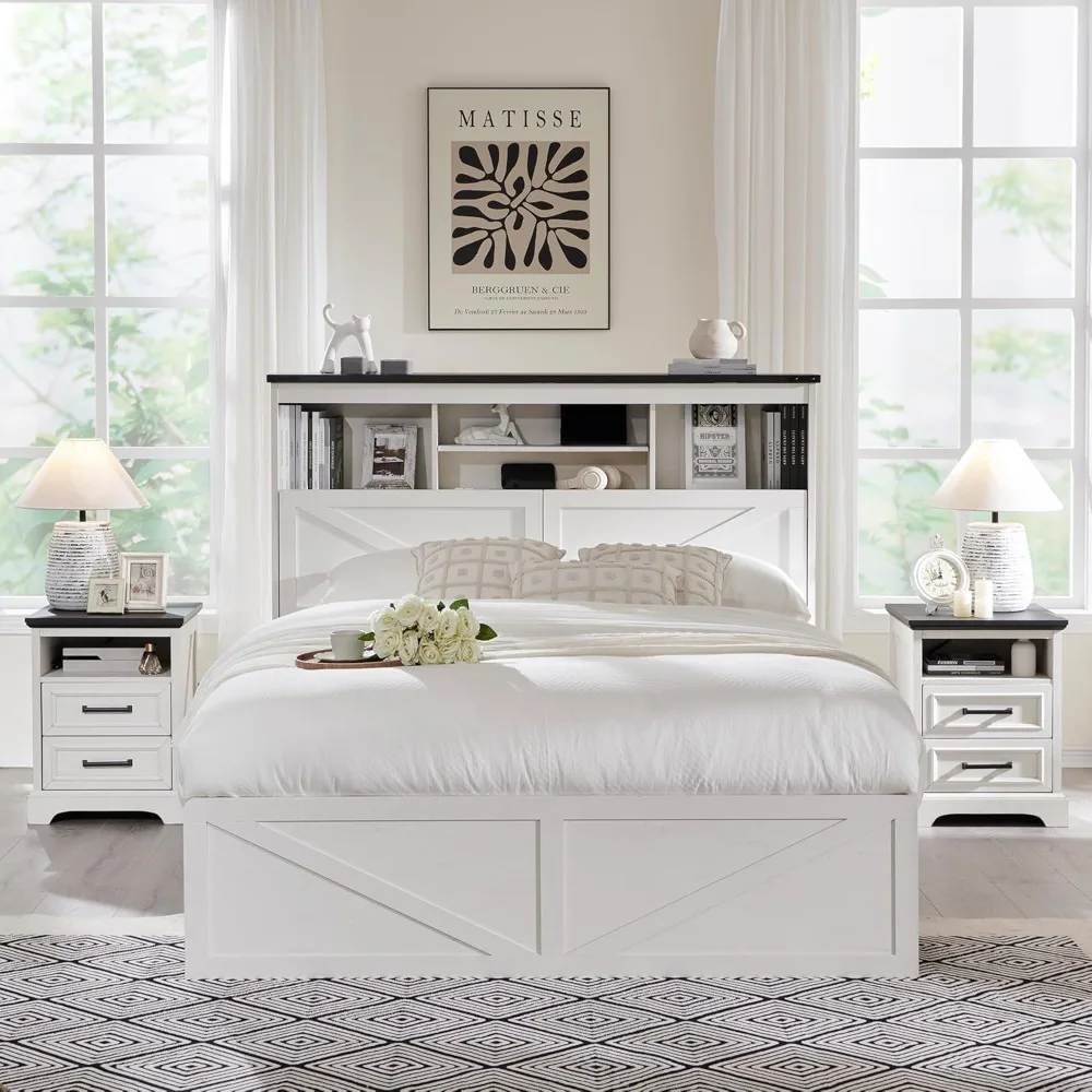 Queen Size Wood Bed Frame Farmhouse with 52" Tall Storage Bookcase Headboard, LED Light,Charging Station,4 Drawers and Solid Woo 
Queen Size Wood Bed Frame Farmhouse with 52" Tall Storage Bookcase Headboard, LED Light,Charging Station,4 Drawers and Solid Woo