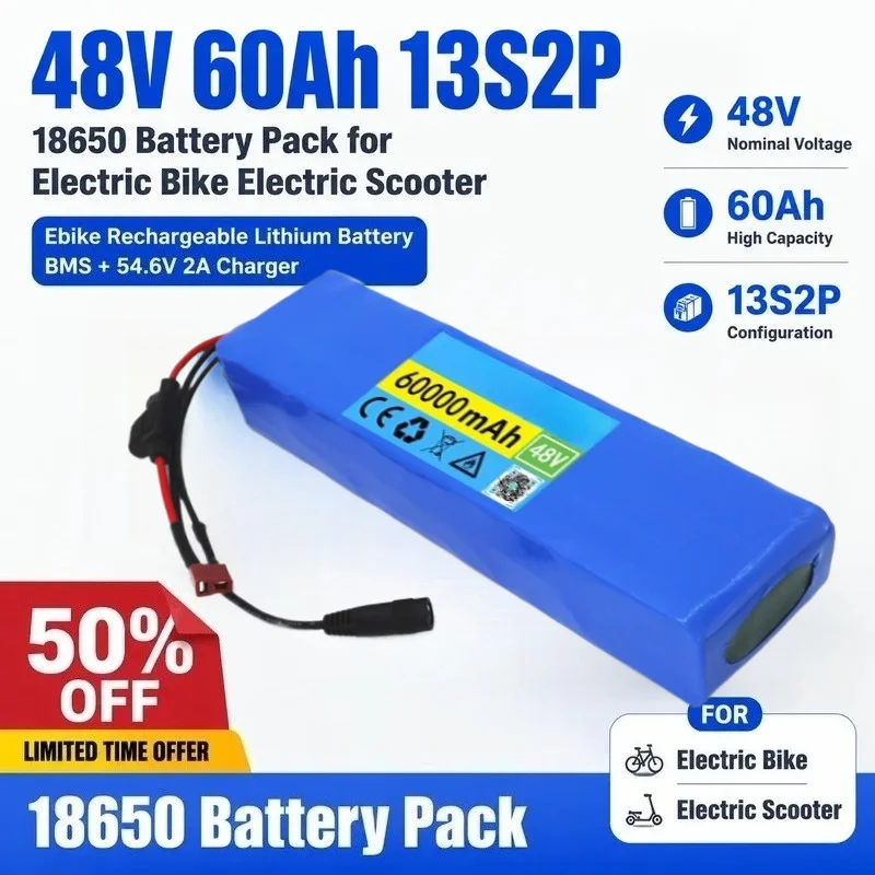 48V 60Ah 13S2P 18650 Battery Pack for Electric Bike Electric Scooter Ebike Rechargeable Lithium Battery BMS+54.6V2A Charger
48V 60Ah 13S2P 18650 Battery Pack for Electric Bike Electric Scooter Ebike Rechargeable Lithium Battery BMS+54.6V2A Charger