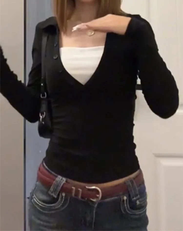 Fake Two Piece T-Shirt Women Fashion Patchwork Aesthetic Tops Black Female Autumn Slim Fit Long Sleeve Tee Shirt
Fake Two Piece T-Shirt Women Fashion Patchwork Aesthetic Tops Black Female Autumn Slim Fit Long Sleeve Tee Shirt