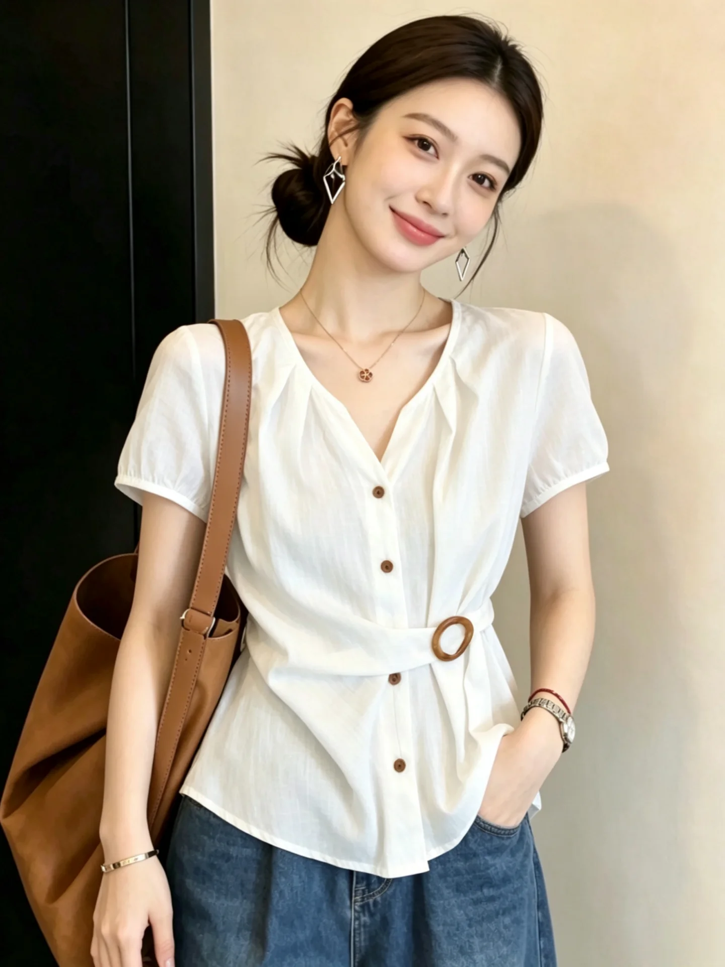 White V-Neck Short Sleeve Shirt Women's Style 2026 New Summer Slim Fit Beautiful Ladies Shirt Top French Style Loose Fit
White V-Neck Short Sleeve Shirt Women's Style 2026 New Summer Slim Fit Beautiful Ladies Shirt Top French Style Loose Fit