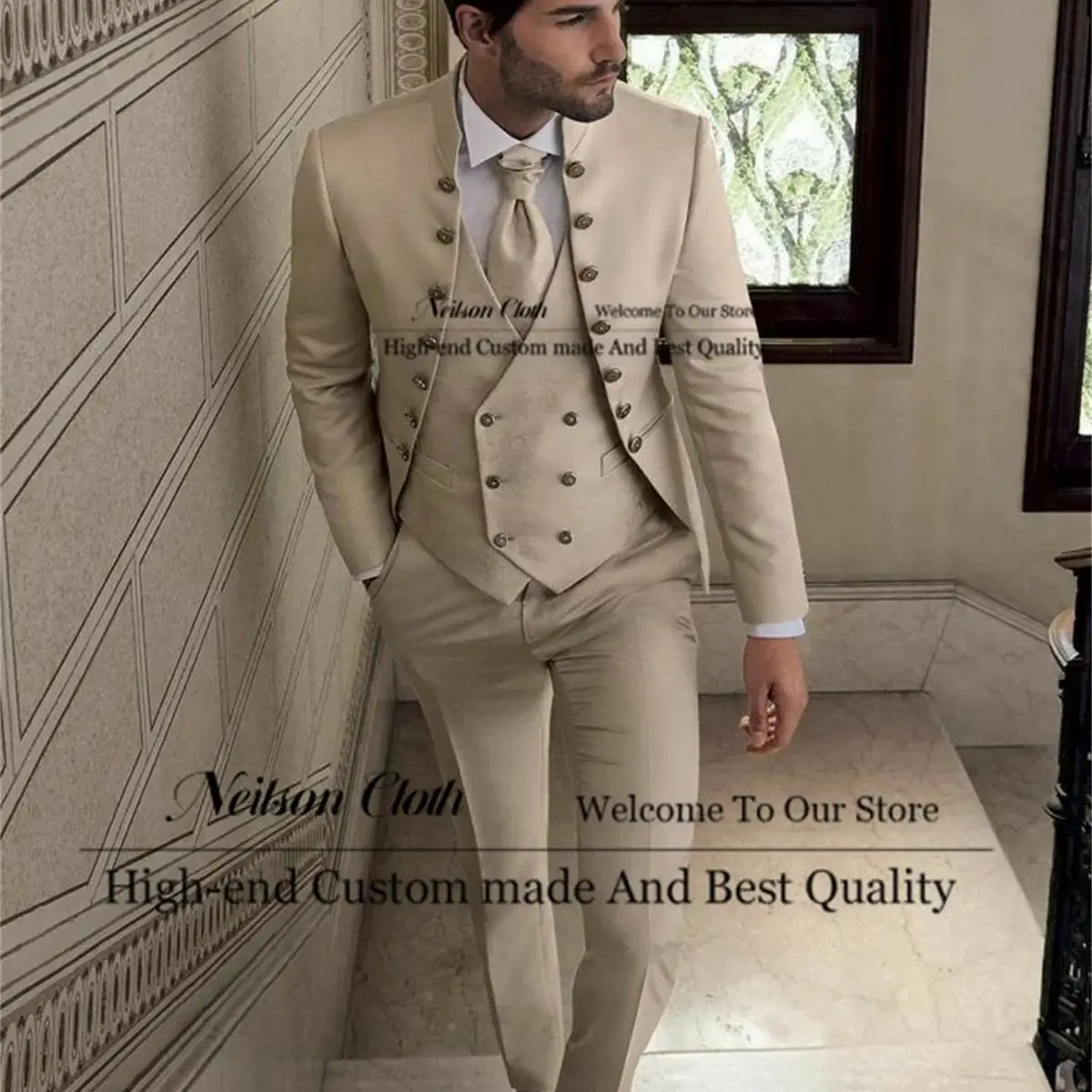 Champagne Male Prom Blazers 3 Pieces Sets Stand Collar Groom Wedding Tuxedos For Men Customized Double Breasted Costume Homme
Champagne Male Prom Blazers 3 Pieces Sets Stand Collar Groom Wedding Tuxedos For Men Customized Double Breasted Costume Homme