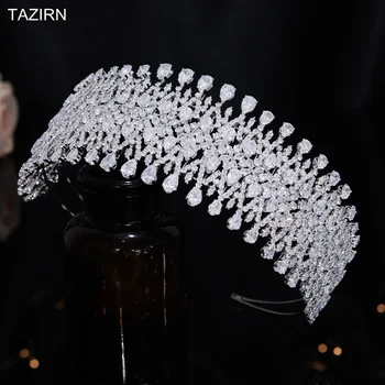 TAZIRN 5A 큐빅 지르코니아 신부 웨딩 빅 헤드밴드, 럭셔리 스파클링 수제 CZ 헤어밴드, 쥬얼리 헤드 액세서리 선물