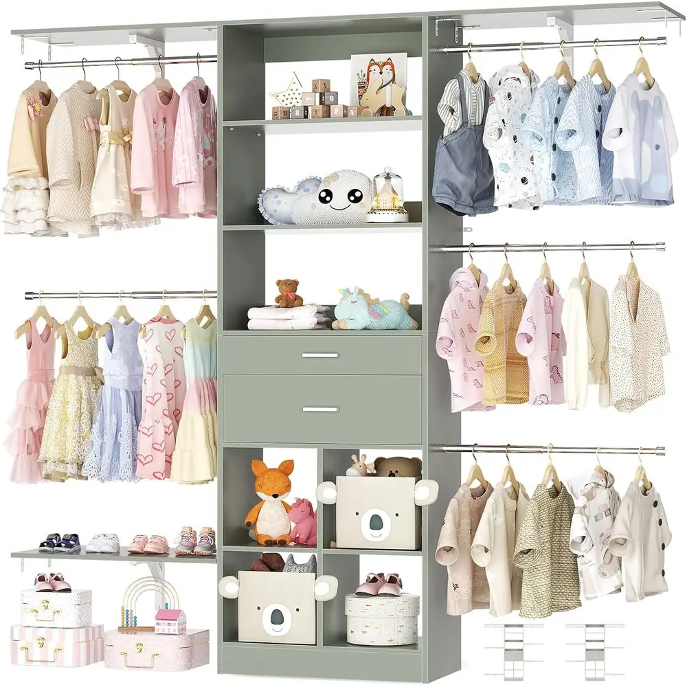 60 Walk-In Closet Organizer with 5 Rods, 3 Reversible Shelves, Wooden Drawers, Crab Green
60 Walk-In Closet Organizer with 5 Rods, 3 Reversible Shelves, Wooden Drawers, Crab Green