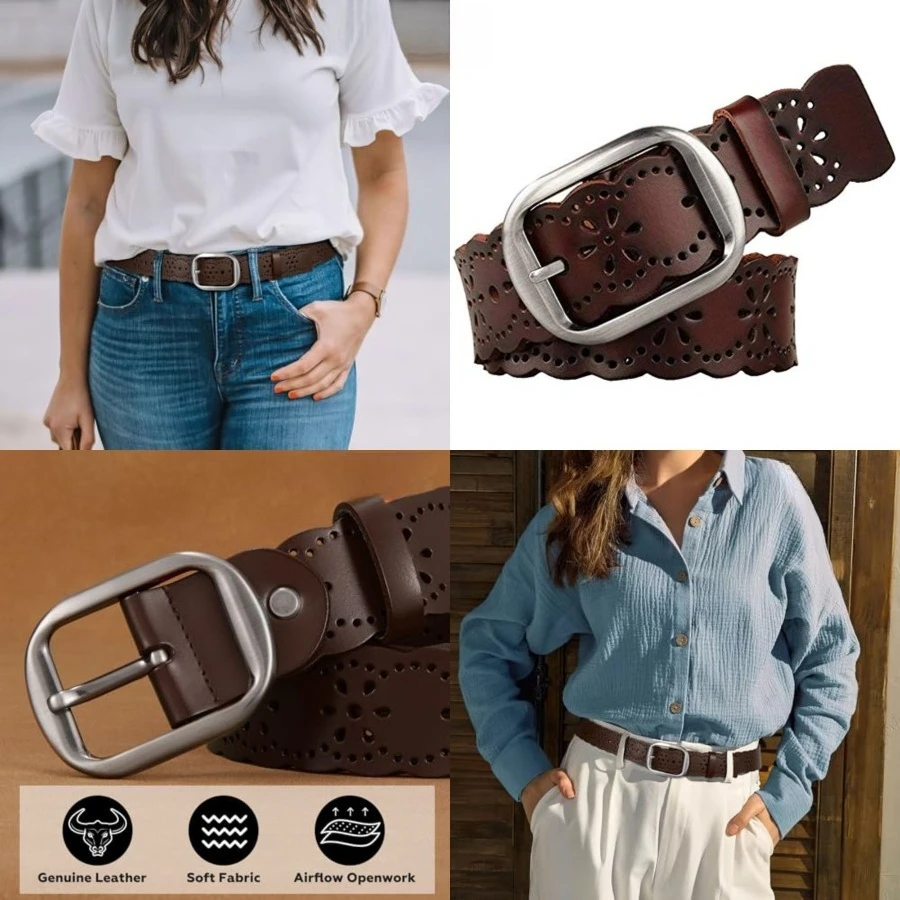 Women's Hollow Flower Genuine Leather Belt for Jeans Pants Wide Belt for Ladies,Fit for waist size 25"-34",Dark Brown
Women's Hollow Flower Genuine Leather Belt for Jeans Pants Wide Belt for Ladies,Fit for waist size 25"-34",Dark Brown