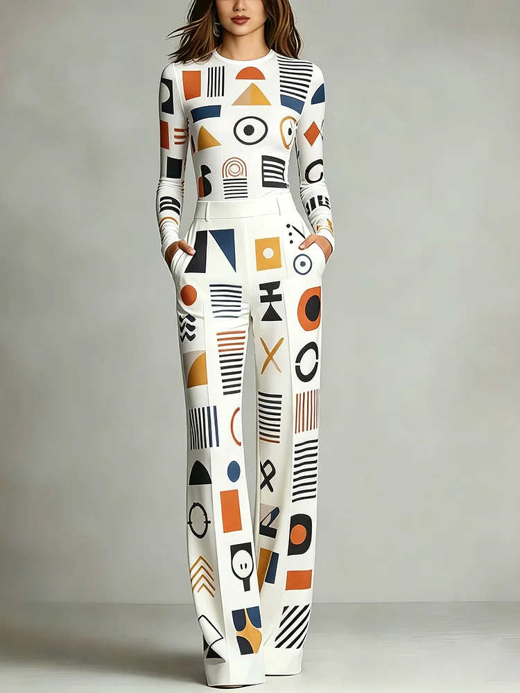 Women's Fashion Geometric Print2 Piece Matching Outfit Long Sleeve Slim Top High Waist Pocket Wide Leg Pants For Casual Vacation
Women's Fashion Geometric Print2 Piece Matching Outfit Long Sleeve Slim Top High Waist Pocket Wide Leg Pants For Casual Vacation