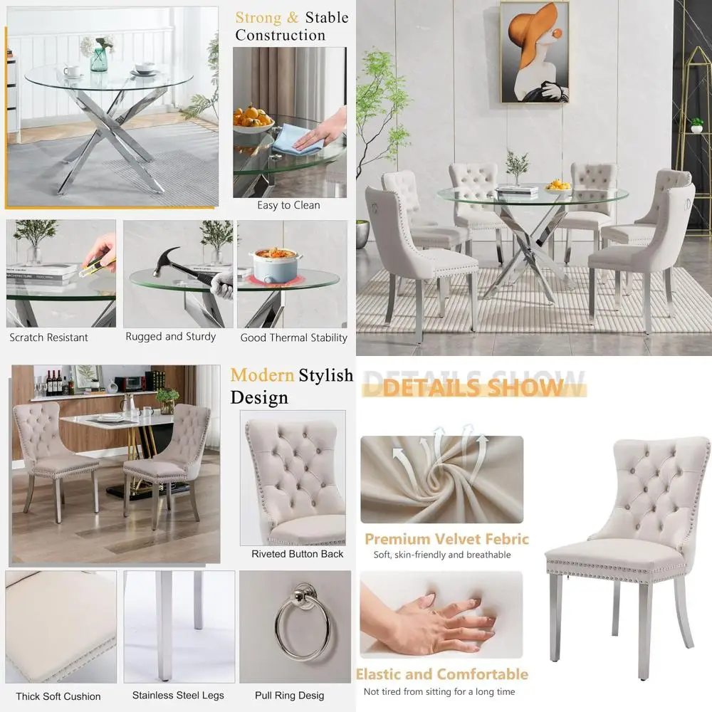 6-Seat Round Glass Dining Table with Beige Velvet Chairs
6-Seat Round Glass Dining Table with Beige Velvet Chairs