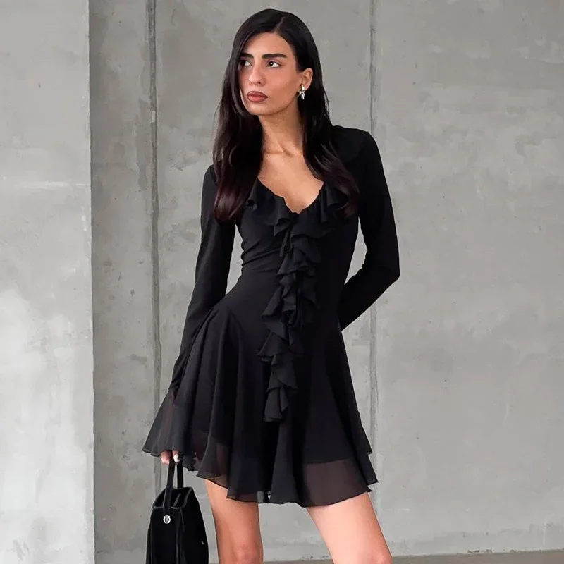 Sexy Ruffled Fashion Mini Dress for Women V-Neck Slim Long Sleeve High Waist Mesh Patchwork Party Dress Female Black Dress
Sexy Ruffled Fashion Mini Dress for Women V-Neck Slim Long Sleeve High Waist Mesh Patchwork Party Dress Female Black Dress