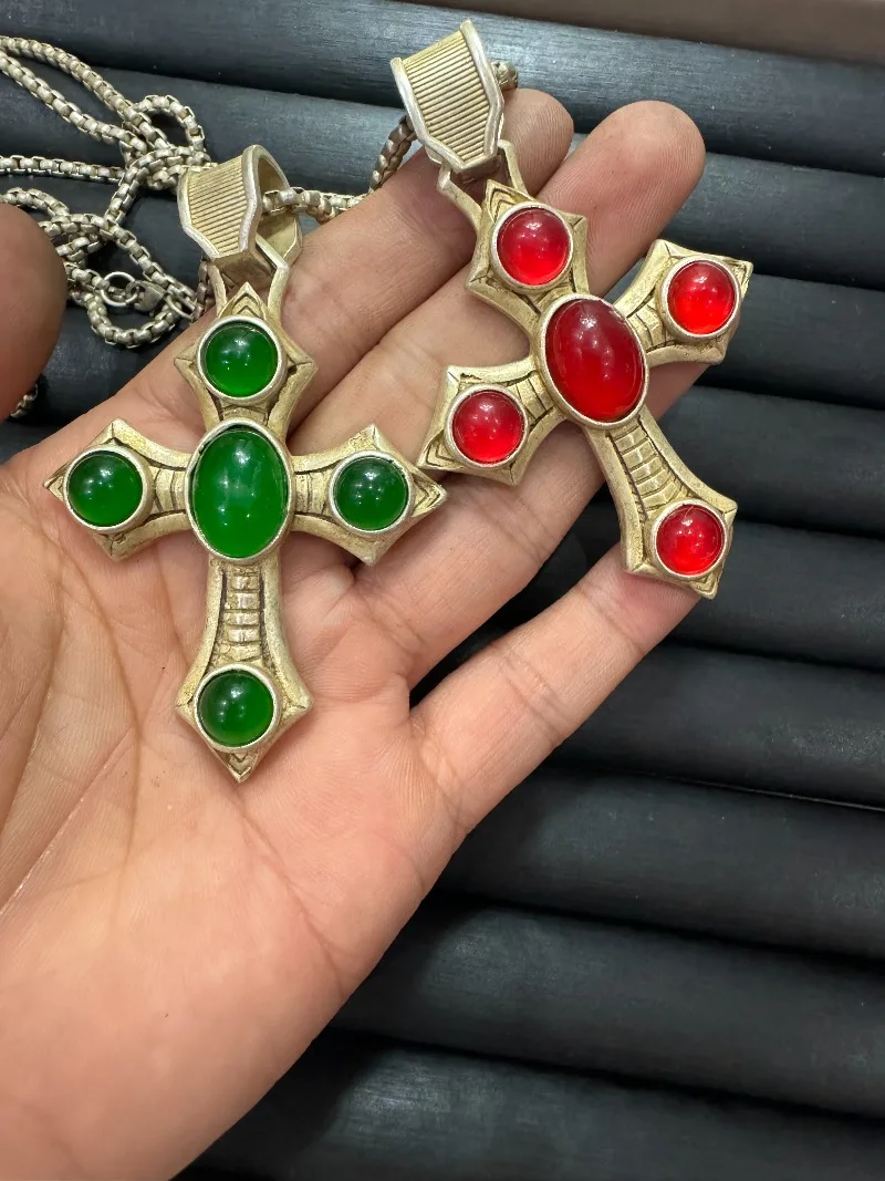 Tibetan Style Cross Pendant Inlaid Red & Green Gemstones, Vintage Retro Necklace Jewelry for Men Women
Tibetan Style Cross Pendant Inlaid Red & Green Gemstones, Vintage Retro Necklace Jewelry for Men Women