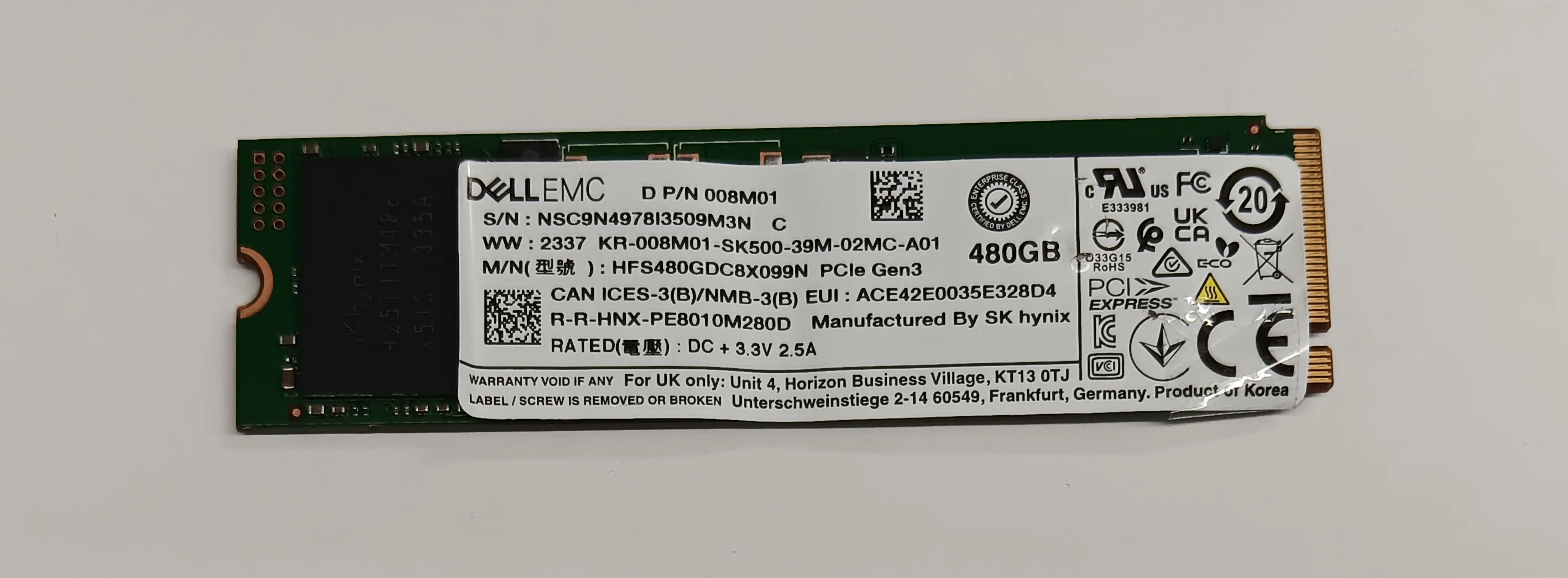 Dell 08M01 (Sk Hynix HFS480GDC8X099N) 480 ГБ Интенсивный твердотельный накопитель для чтения — M2 2280 — NVMe — PCI Express 3 — в употреблении — как новый
Dell 08M01 (Sk Hynix HFS480GDC8X099N) 480 ГБ Интенсивный твердотельный накопитель для чтения — M2 2280 — NVMe — PCI Express 3 — в употреблении — как новый