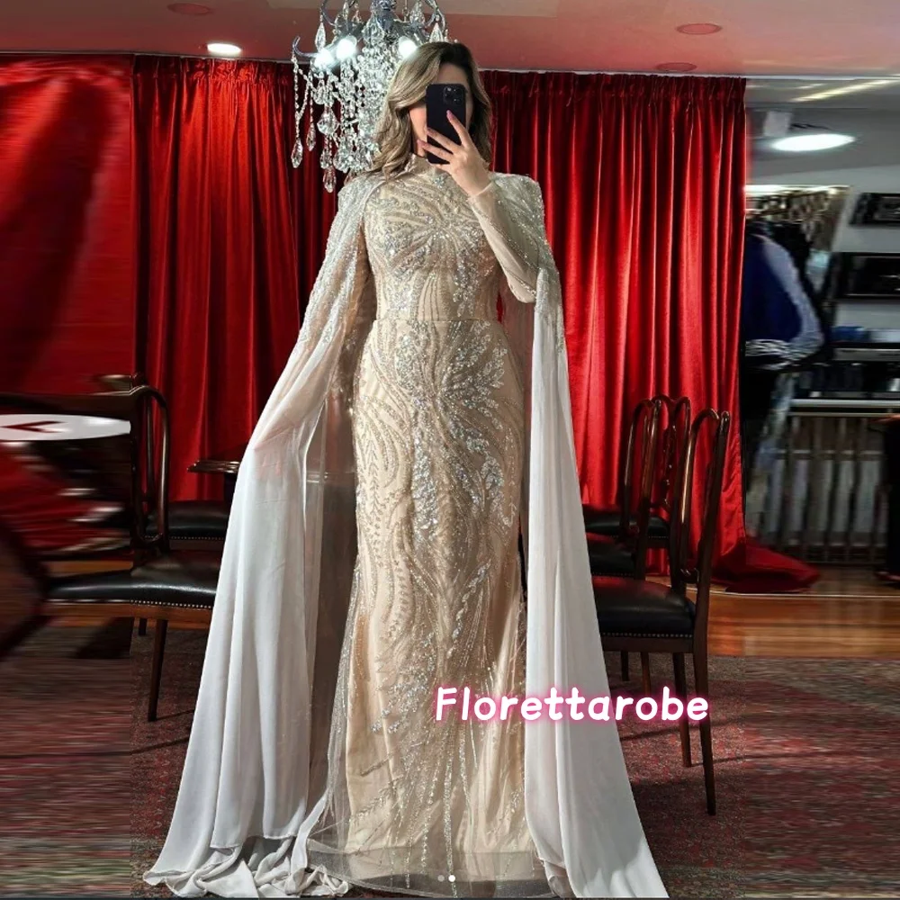 Saudi Arabic Luxury Mermaid Evening Dress With Beaded Satin Long Cape For Women Prom Gowns Customized
Saudi Arabic Luxury Mermaid Evening Dress With Beaded Satin Long Cape For Women Prom Gowns Customized