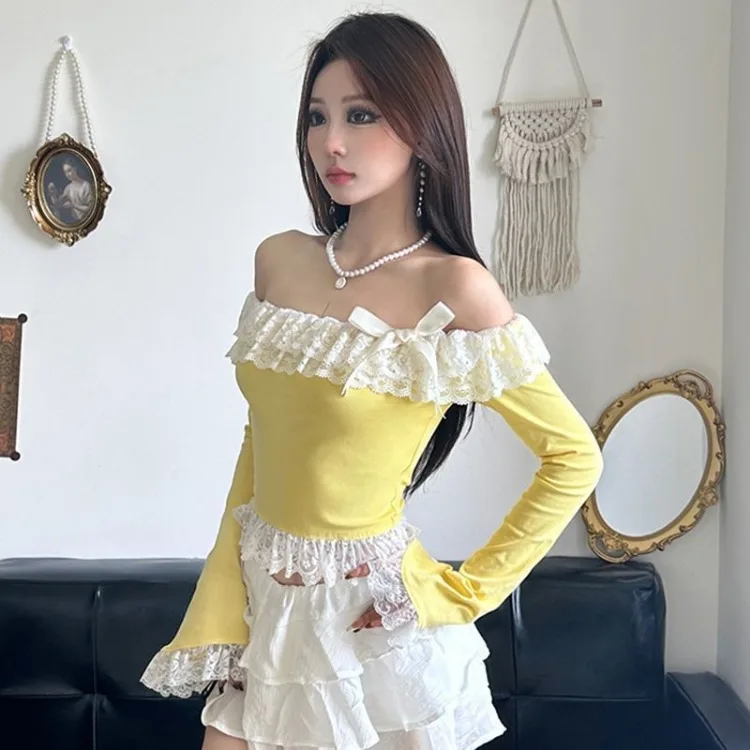 Sweet Lace Ruffles Patchwork Bow Tops Mujer Summer New Blouse Women Sexy Off Shoulder Long Sleeve Pretty Style Tee Shirt
Sweet Lace Ruffles Patchwork Bow Tops Mujer Summer New Blouse Women Sexy Off Shoulder Long Sleeve Pretty Style Tee Shirt