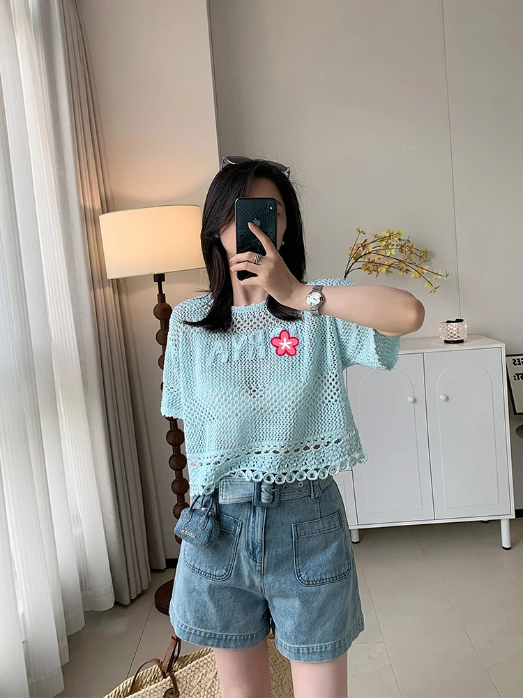 Loose Short Sleeve round Neck T-Shirt Women's Knitted Embroidered Letter Hollow out Mesh Jie Hook Flower Top Summer Thin
Loose Short Sleeve round Neck T-Shirt Women's Knitted Embroidered Letter Hollow out Mesh Jie Hook Flower Top Summer Thin