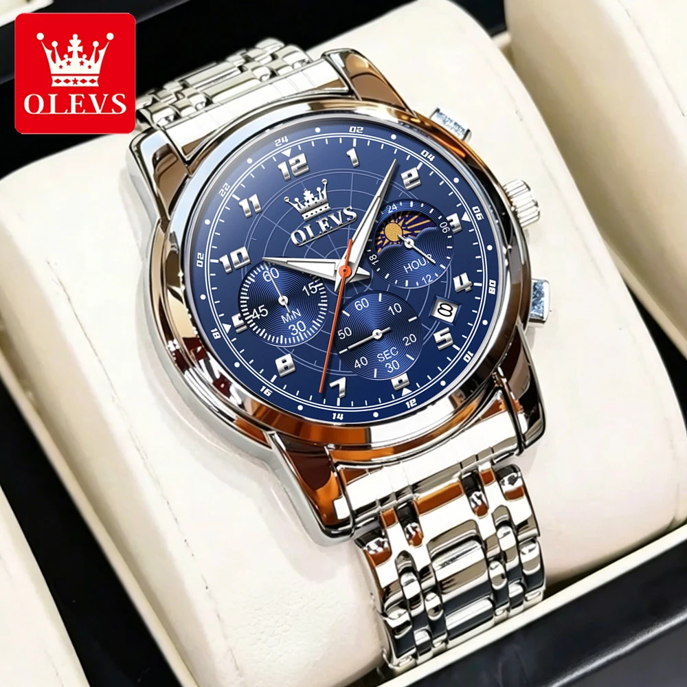 OLEVS Fashion Men's Watches Multi-function Fine Steel Original Quartz Wristwatch Chronograph Moon Phase Waterproof Luminous Date
OLEVS Fashion Men's Watches Multi-function Fine Steel Original Quartz Wristwatch Chronograph Moon Phase Waterproof Luminous Date