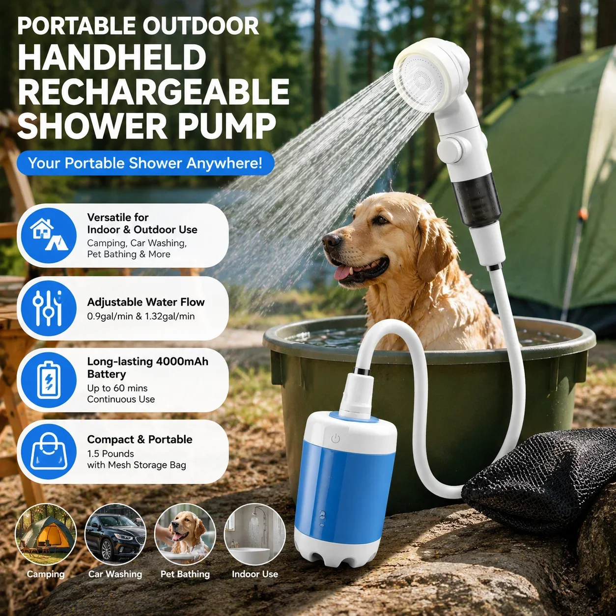 Portable Rechargeable Outdoor Shower Handheld Compact Design Gentle Shower Stream for Dog Bathing Car Washing Flower Watering
Portable Rechargeable Outdoor Shower Handheld Compact Design Gentle Shower Stream for Dog Bathing Car Washing Flower Watering
