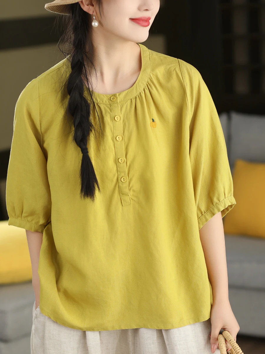 Retro Style Women's Embroidered Silk Linen Shirt Summer round Neck mid Sleeve Overhead Artistic Top Skin Friendly Breathable
Retro Style Women's Embroidered Silk Linen Shirt Summer round Neck mid Sleeve Overhead Artistic Top Skin Friendly Breathable