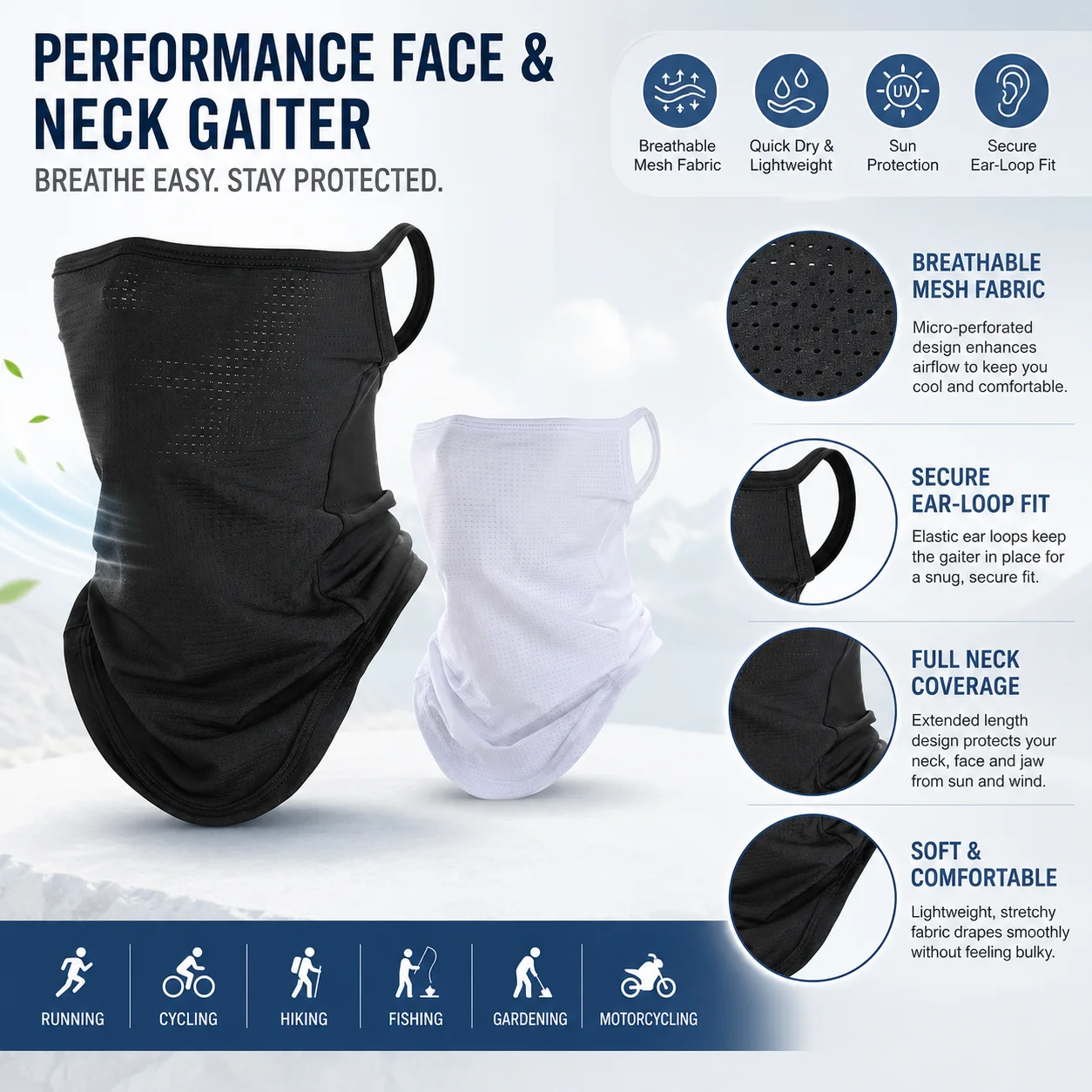 Breathable Quick-Dry Neck Gaiter Half Face Mask, Summer UV Sun Protection Bandana Neckerchief with Ear Hanging, Outdoor Headwear
Breathable Quick-Dry Neck Gaiter Half Face Mask, Summer UV Sun Protection Bandana Neckerchief with Ear Hanging, Outdoor Headwear