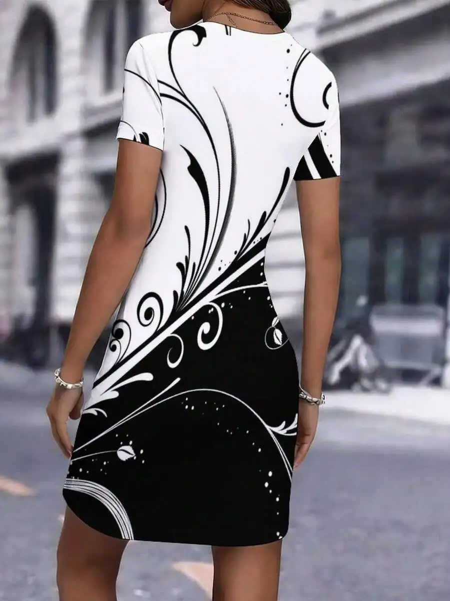 Womens Bodycon Short Sleeve Round Neck Dress With Black And White Floral Print Midi Dress
Womens Bodycon Short Sleeve Round Neck Dress With Black And White Floral Print Midi Dress