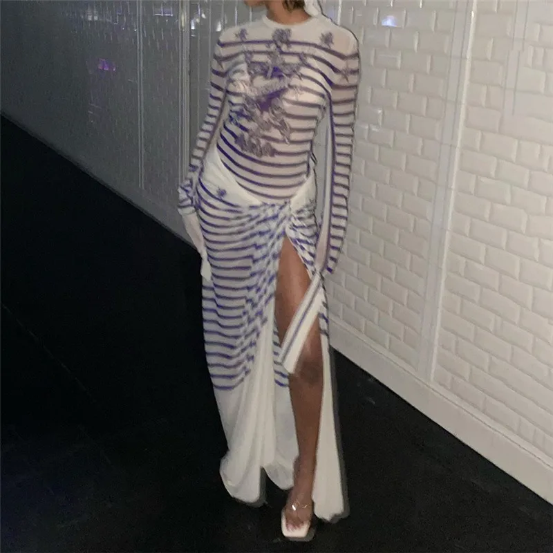 Sexy See Through Striped Print Women 2 Piece Set 2023 Autumn Casual Long Sleeve Top High Waist Split Long Skirts Party Clubwear
Sexy See Through Striped Print Women 2 Piece Set 2023 Autumn Casual Long Sleeve Top High Waist Split Long Skirts Party Clubwear