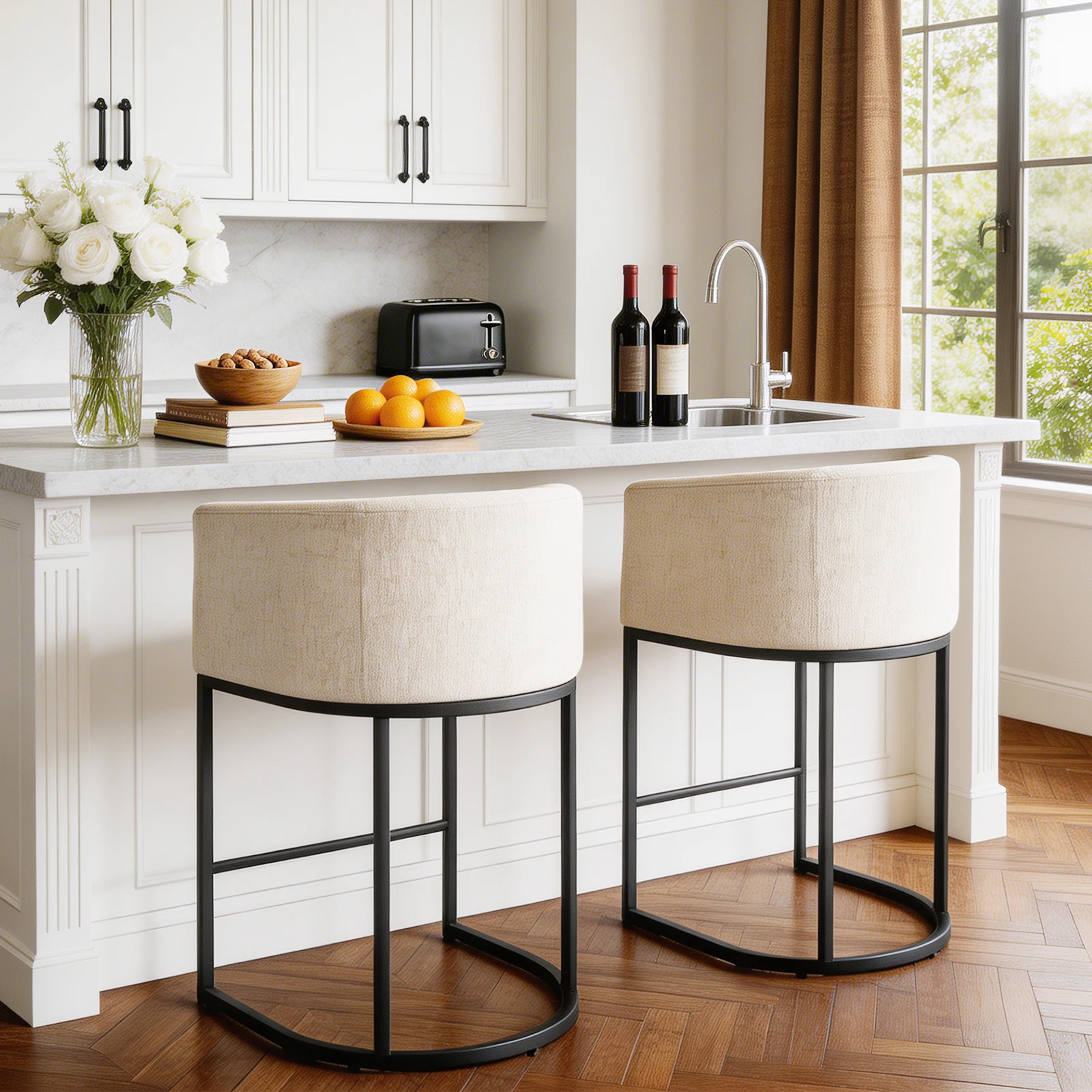 Bucket-Shaped Bar Chairs, Medium-Height Bar Chairs with Linen-Covered Seats, Island Chairs, Bar Chairs with Metal Sliding Base and Footstools
Bucket-Shaped Bar Chairs, Medium-Height Bar Chairs with Linen-Covered Seats, Island Chairs, Bar Chairs with Metal Sliding Base and Footstools