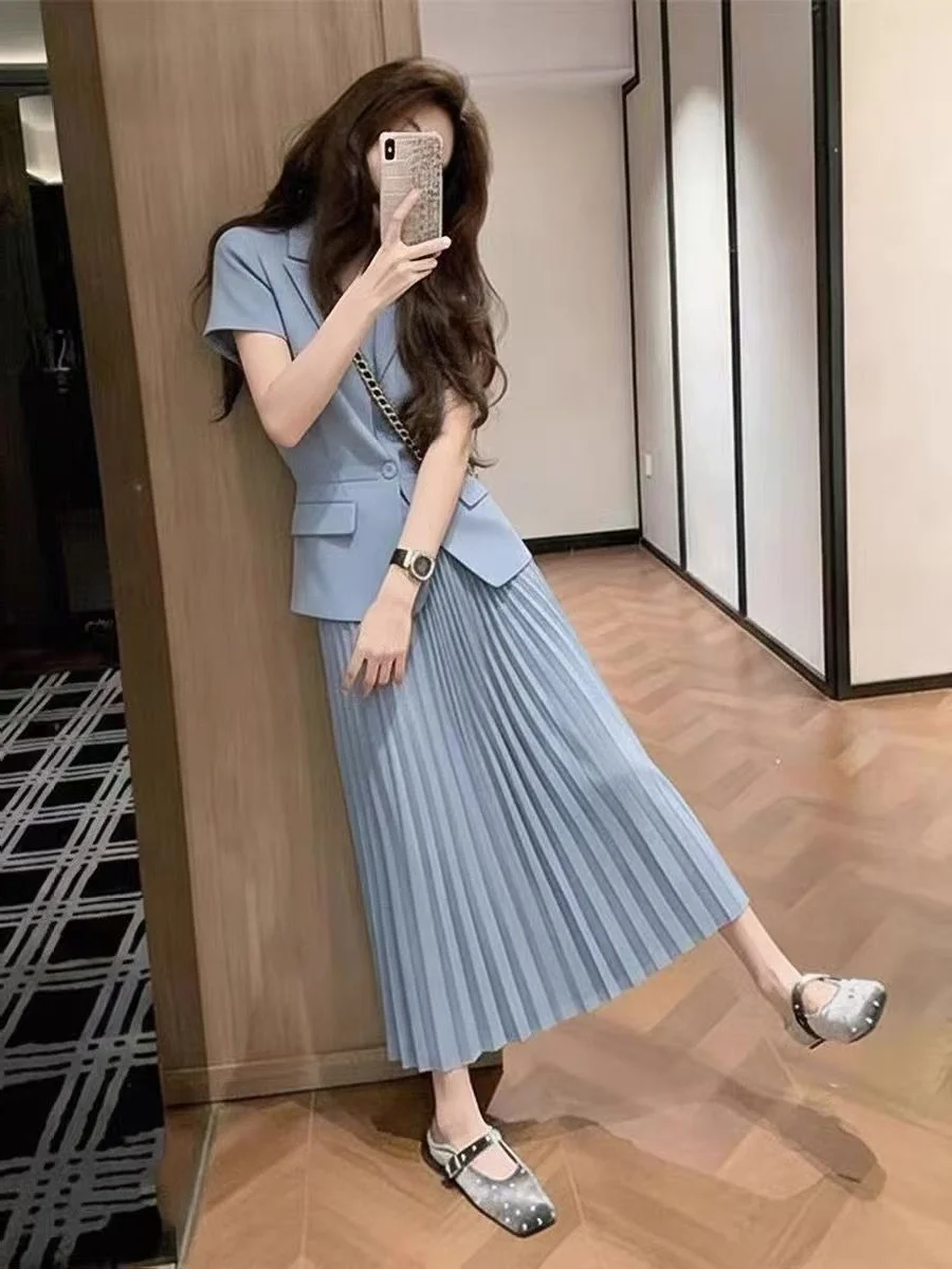 Blue Suit Skirt Set Women's Miniature Unique Attractive Complete Set Fashionable Casual High Waist Pure Color Summer Outfit
Blue Suit Skirt Set Women's Miniature Unique Attractive Complete Set Fashionable Casual High Waist Pure Color Summer Outfit