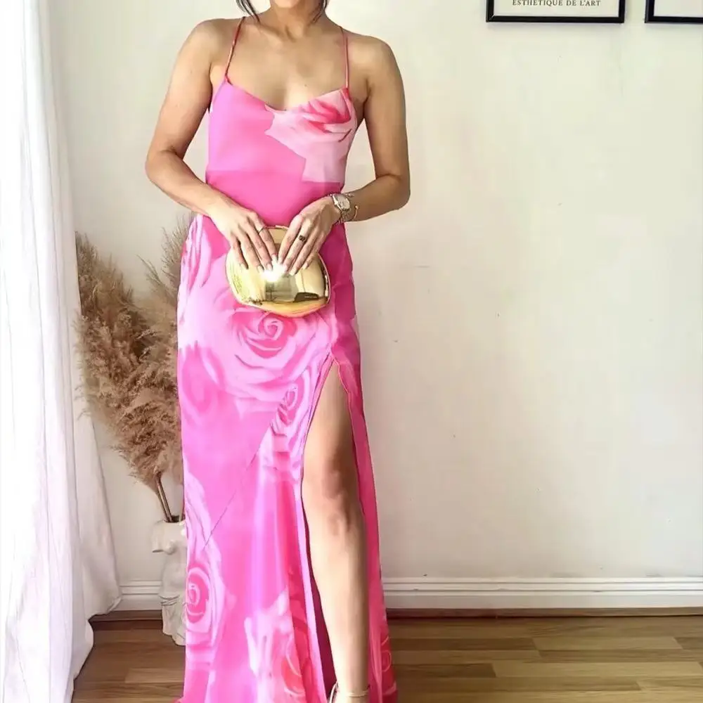 Woman Floral Printed Spaghetti Strap Midi Dress Sexy Front Slit Slim Lace Up Dress Elegant Sleeveless Backless Suspender Dress
Woman Floral Printed Spaghetti Strap Midi Dress Sexy Front Slit Slim Lace Up Dress Elegant Sleeveless Backless Suspender Dress