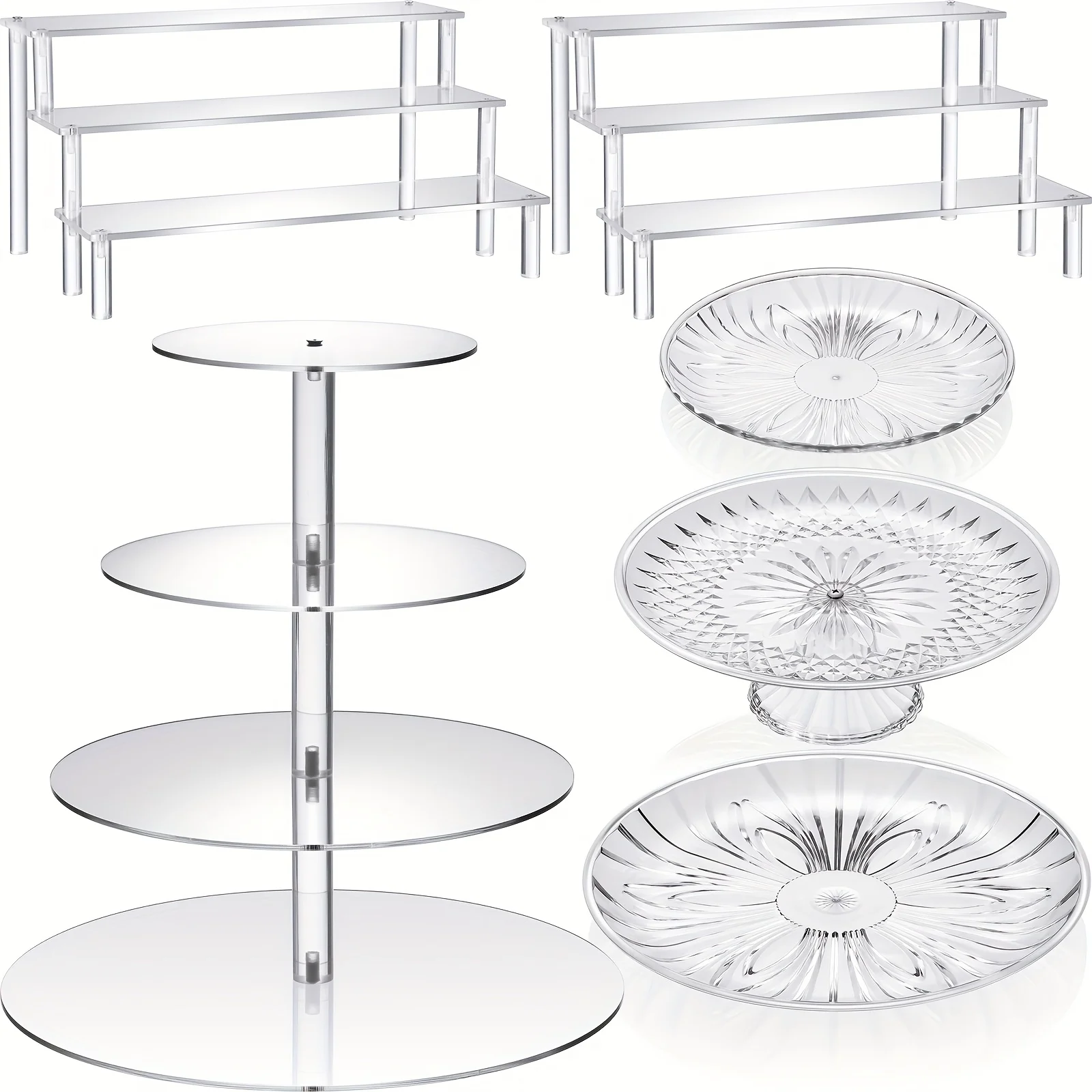 6pcs Acrylic Cake Stands Set Include 2pcs Display Risers 1pc 4 Tier Cupcake Tower And 3 Clear Round Dessert Trays Cake Table Holder for Wedding Shower Tea Party Decoration (Round)
6pcs Acrylic Cake Stands Set Include 2pcs Display Risers 1pc 4 Tier Cupcake Tower And 3 Clear Round Dessert Trays Cake Table Holder for Wedding Shower Tea Party Decoration (Round)