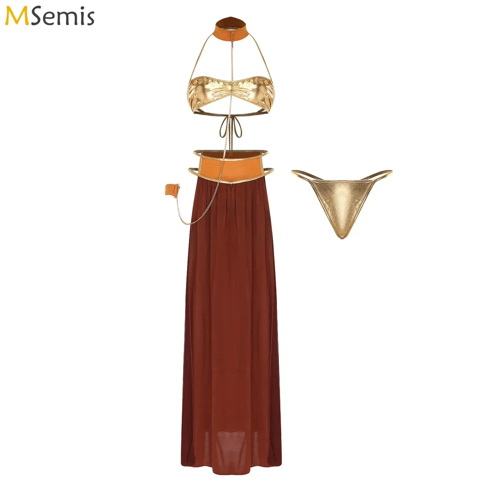 Womens Egyptian Arabian Princess Belly Dance Costume Maxi Skirt Metallic Bra And T-back Thong Chain Linked Choker Wristband
Womens Egyptian Arabian Princess Belly Dance Costume Maxi Skirt Metallic Bra And T-back Thong Chain Linked Choker Wristband