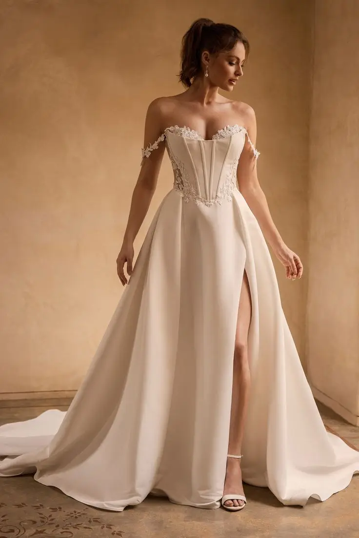 Illusion Wedding Dresses Lace Applique Off Shoulder Sweetheart A Line with Slit Formal Party Bride Gowns Special Occasion Dress
Illusion Wedding Dresses Lace Applique Off Shoulder Sweetheart A Line with Slit Formal Party Bride Gowns Special Occasion Dress