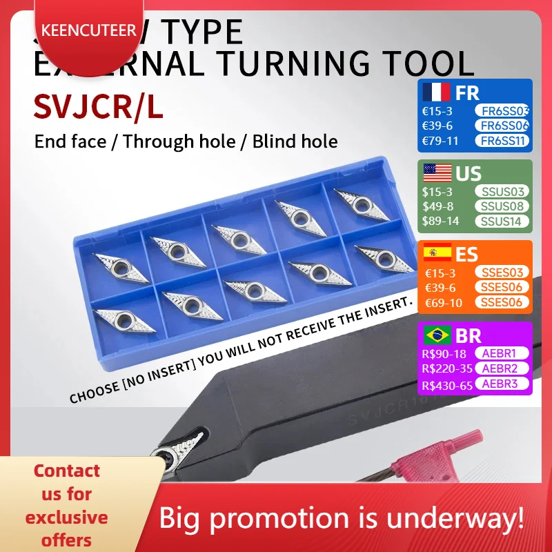 1 pcs SVJCR1212H11 SVJCR1616H16 SVJCL2525M16 external turning tool and carbide insert VCMT/VCGT CNC tool combination
1 pcs SVJCR1212H11 SVJCR1616H16 SVJCL2525M16 external turning tool and carbide insert VCMT/VCGT CNC tool combination