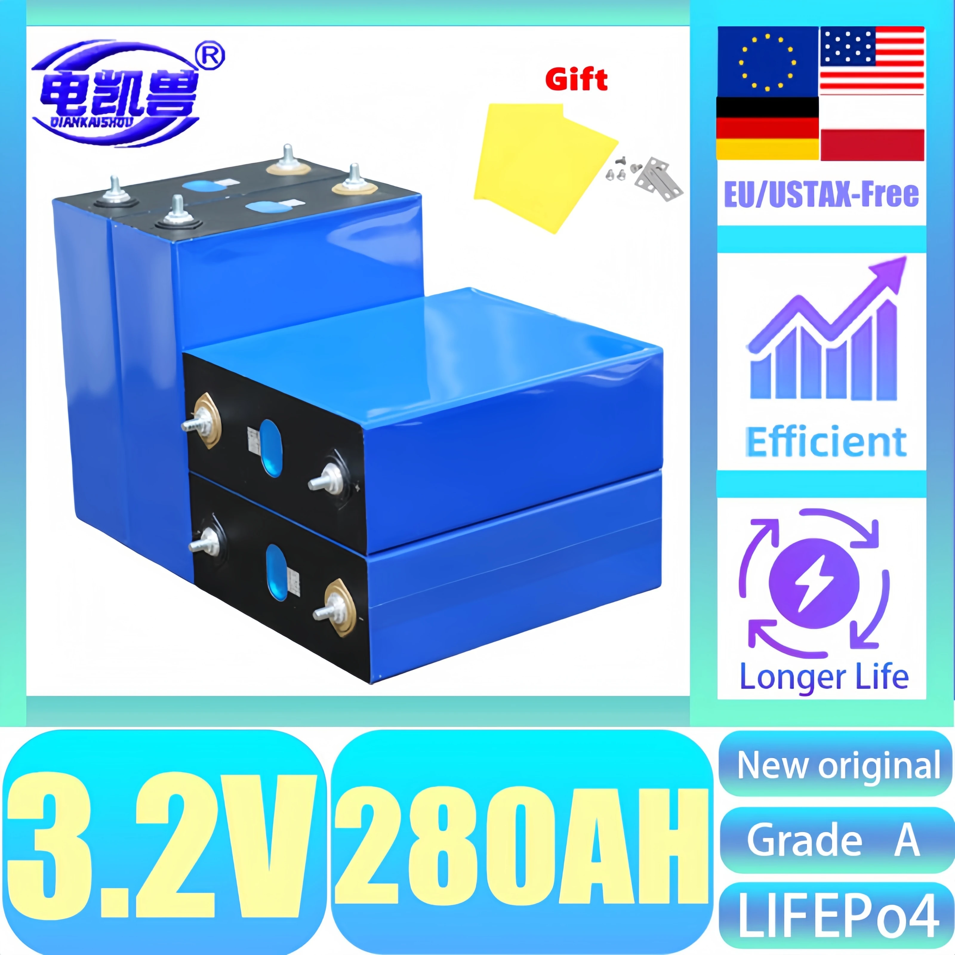 280AH Lifepo4 Grade A 3.2V Lithium Iron Phosphate Prismatic Rechargable Battery Pack Cells for RV EV Solar PV EU US TAX FREE
280AH Lifepo4 Grade A 3.2V Lithium Iron Phosphate Prismatic Rechargable Battery Pack Cells for RV EV Solar PV EU US TAX FREE
