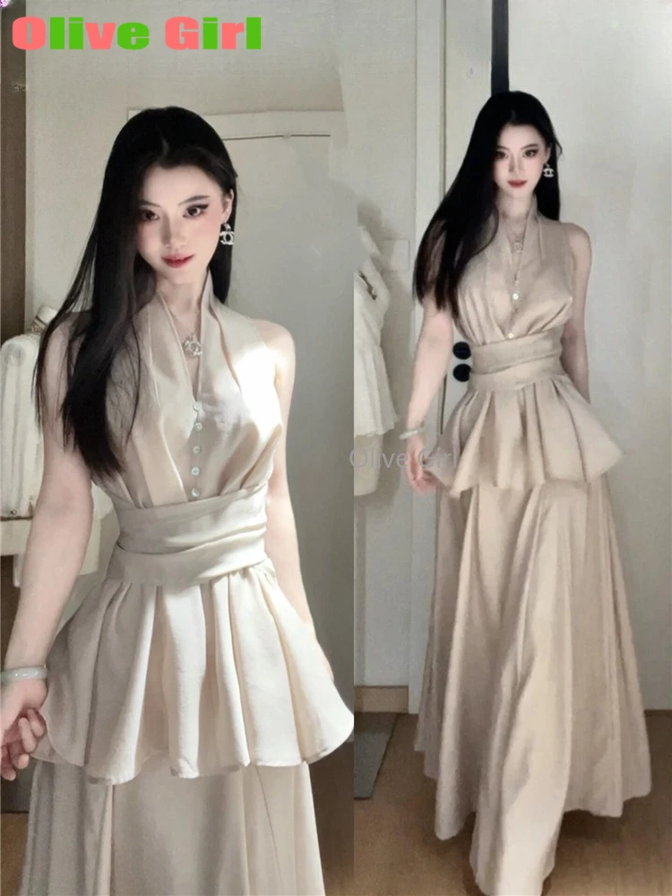 Оливковая девушка, сексуальная блузка, элегантное французское платье с талией, шикарный жилет с v-образным вырезом, топ, женская юбка, летние наряды, тонкая юбка, комплект из двух предметов 
Оливковая девушка, сексуальная блузка, элегантное французское платье с талией, шикарный жилет с v-образным вырезом, топ, женская юбка, летние наряды, тонкая юбка, комплект из двух предметов