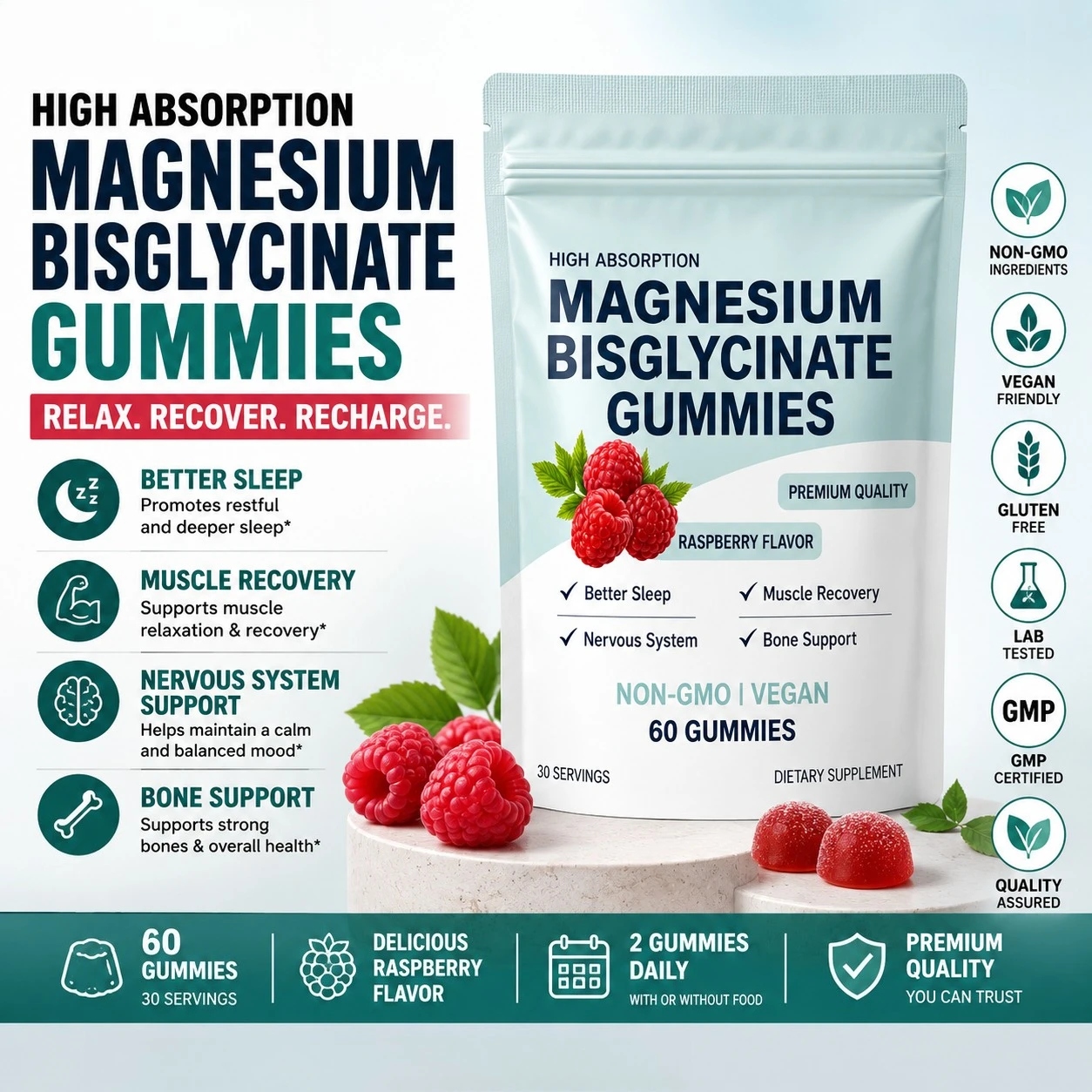 Magnesium Bisglycinate Gummies, Chelated Magnesium Daily Mineral Support, Vegan Raspberry Flavor, Non-GMO Gluten Free, 60 Count
Magnesium Bisglycinate Gummies, Chelated Magnesium Daily Mineral Support, Vegan Raspberry Flavor, Non-GMO Gluten Free, 60 Count