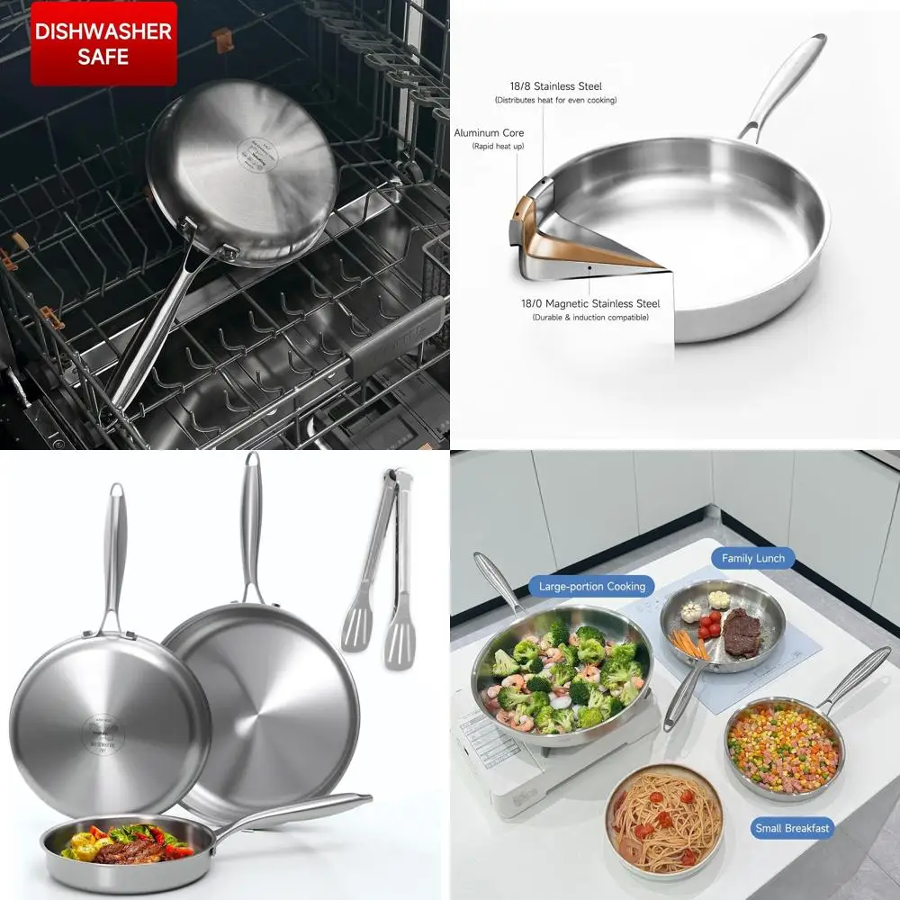 8, 10, 12 Tri-Ply Stainless Steel Fry Pan Set with Chef's Skillet, Induction & Dishwasher Safe, Universal Cooktop Compatibility,
8, 10, 12 Tri-Ply Stainless Steel Fry Pan Set with Chef's Skillet, Induction & Dishwasher Safe, Universal Cooktop Compatibility,