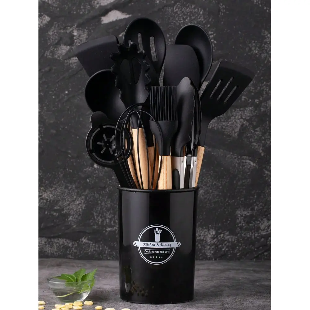 Silicone Kitchen Utensils Set With Wooden Handle And Storage Bucket
Silicone Kitchen Utensils Set With Wooden Handle And Storage Bucket