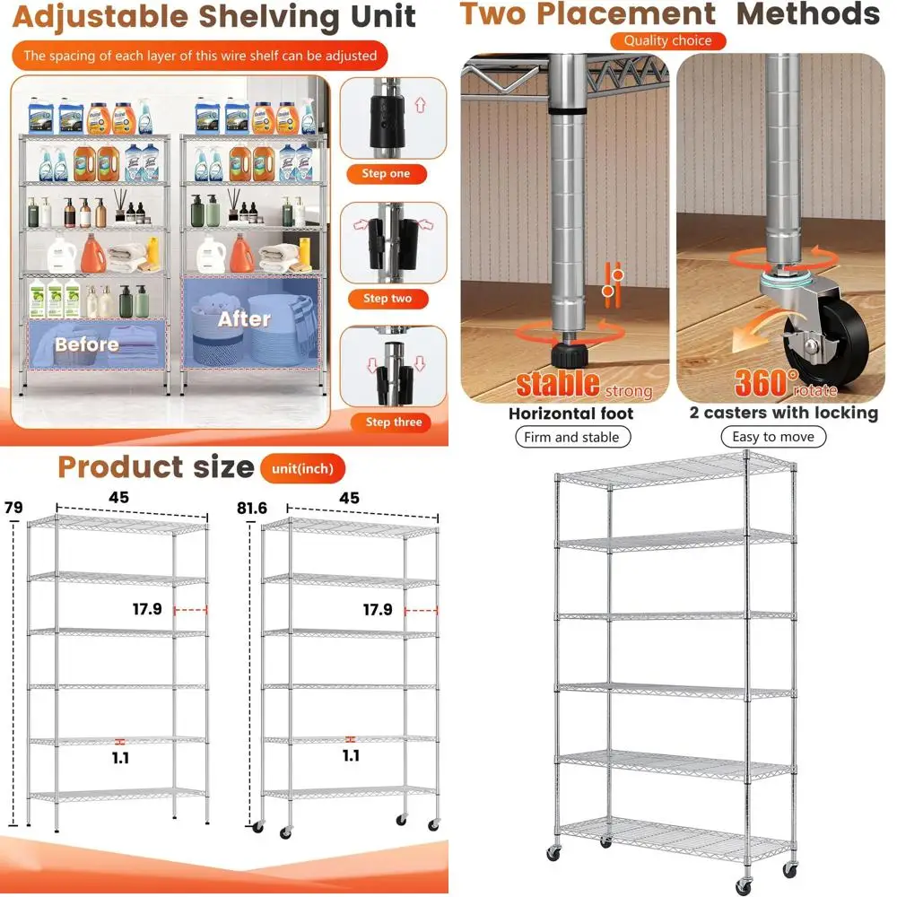 6-Tier Adjustable Heavy-Duty Metal Storage Shelves with Wheels, 18x45x82, Holds Up to 2100 lbs, Easy Assembly, Ideal for Home an
6-Tier Adjustable Heavy-Duty Metal Storage Shelves with Wheels, 18x45x82, Holds Up to 2100 lbs, Easy Assembly, Ideal for Home an