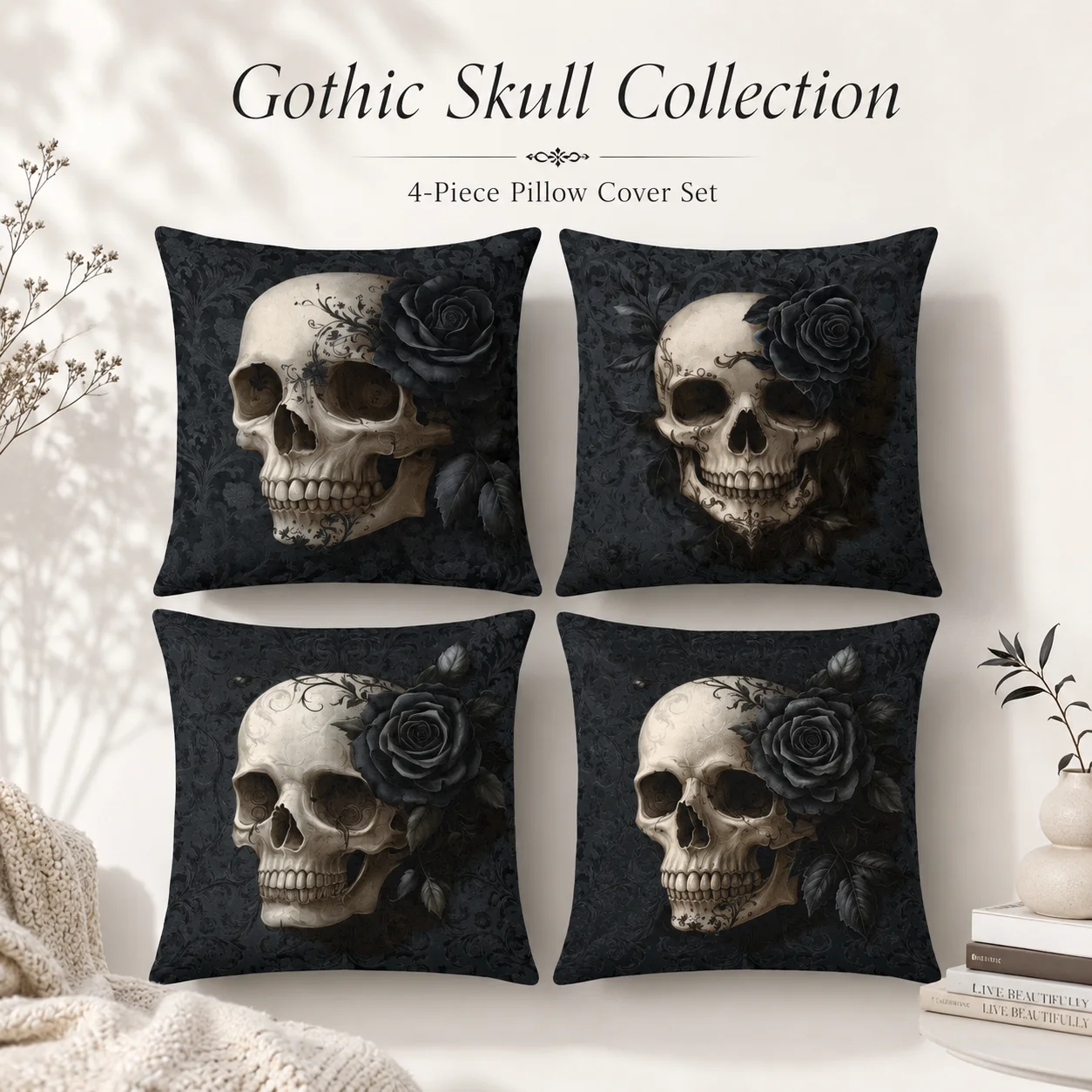 4Pcs 2D Flat Printed Peach Skin Gothic Skull Cushion Covers Black Rose Pillowcase Set Dark Academia Room Decor Coussin For Sofa
4Pcs 2D Flat Printed Peach Skin Gothic Skull Cushion Covers Black Rose Pillowcase Set Dark Academia Room Decor Coussin For Sofa