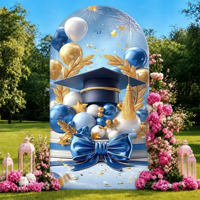 Single Side Arch Backdrop Cover Elegant Graduation Celebration Background Fabric with Blue Gold Cap Bow and Balloons Surrounded
Single Side Arch Backdrop Cover Elegant Graduation Celebration Background Fabric with Blue Gold Cap Bow and Balloons Surrounded