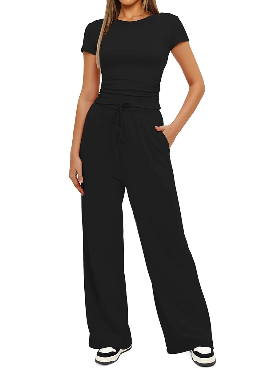Women Summer Pants Outfits Solid Color Short Sleeve T-Shirts Tops Drawstring Elastic Waist Long Pants 2 Pieces Clothes Set
Women Summer Pants Outfits Solid Color Short Sleeve T-Shirts Tops Drawstring Elastic Waist Long Pants 2 Pieces Clothes Set