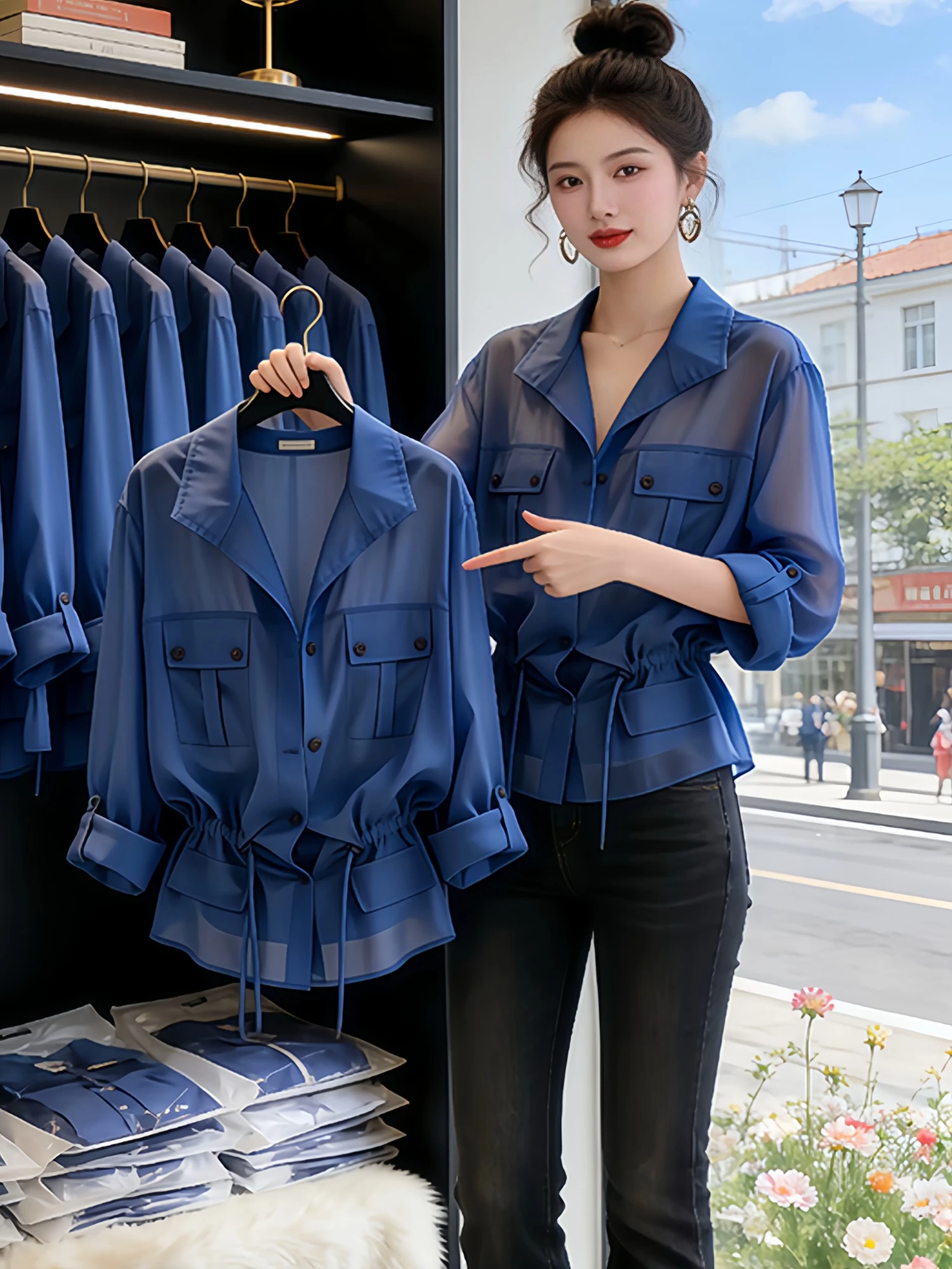 Unique Collar Shirt Women's Klein Blue Waist-Cinching Summer New Workwear Pocket Casual Style Loose Fit Five-Quarter Sleeve
Unique Collar Shirt Women's Klein Blue Waist-Cinching Summer New Workwear Pocket Casual Style Loose Fit Five-Quarter Sleeve