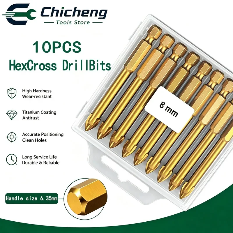 Gold 10PCS Cross Drill Bits Set Size 8mm Hex Shank for Drilling on Metals And Stones
Gold 10PCS Cross Drill Bits Set Size 8mm Hex Shank for Drilling on Metals And Stones
