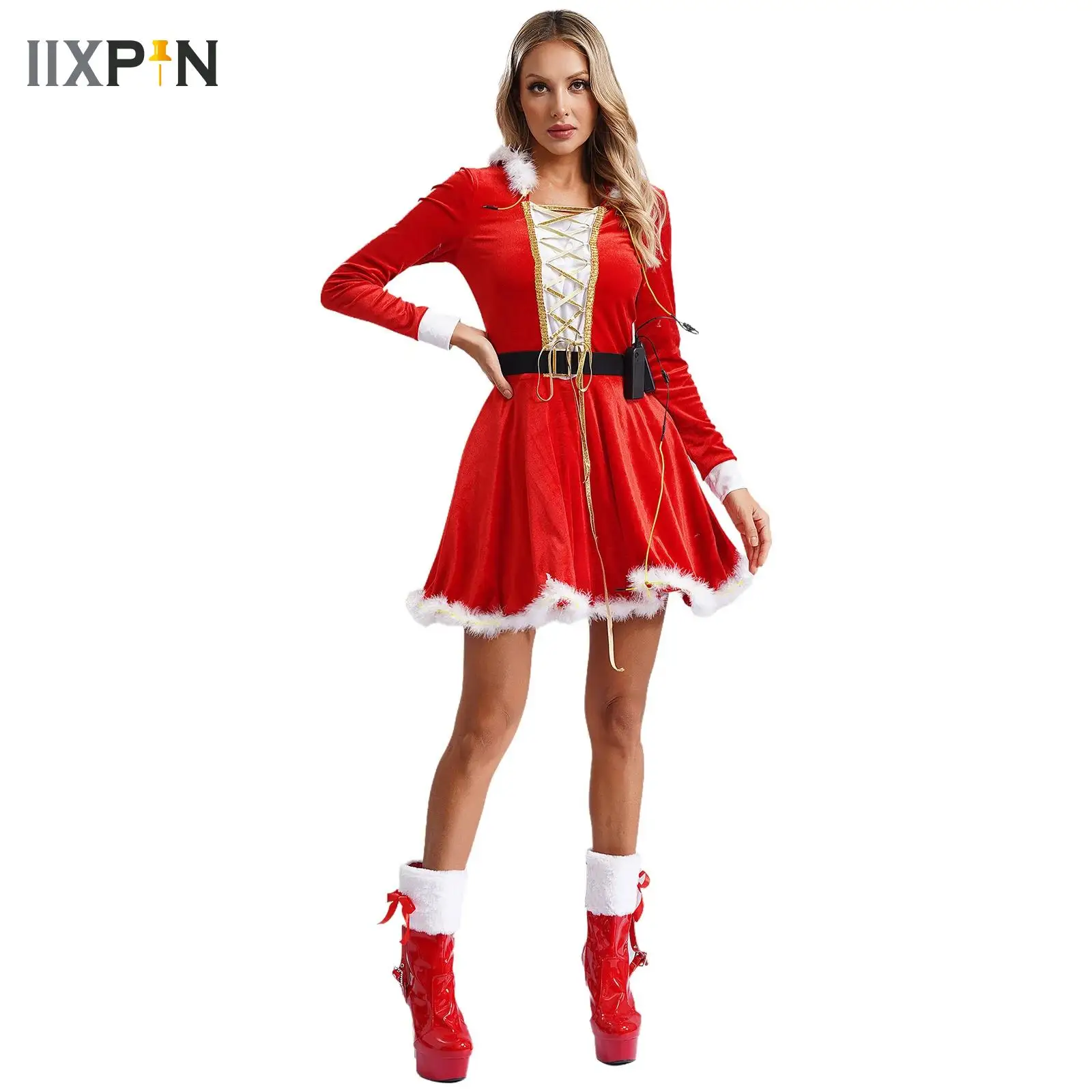 Women's Mrs. Santa Claus Plush Velvet Dress Christmas Party Costume Hooded Long Sleeve Front Criss-cross Tutu Dress with Belt
Women's Mrs. Santa Claus Plush Velvet Dress Christmas Party Costume Hooded Long Sleeve Front Criss-cross Tutu Dress with Belt