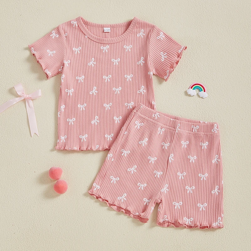 Baby Toddler Girl Bow Ribbed Outfit Lettuce Trim Short Sleeve Tops Elastic Waist Shorts 2 Piece Summer Set
Baby Toddler Girl Bow Ribbed Outfit Lettuce Trim Short Sleeve Tops Elastic Waist Shorts 2 Piece Summer Set