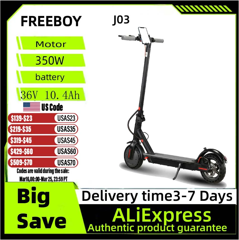 FREEBOY J-03 Adult Electric Scooter 350W Motor 36V 10.4AH Folding E-Scooter 8.5 Inch Tire City eScooter
FREEBOY J-03 Adult Electric Scooter 350W Motor 36V 10.4AH Folding E-Scooter 8.5 Inch Tire City eScooter